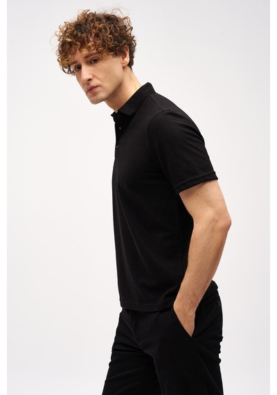 Siyah Slim Fit Dar Kalıp Fermuarlı Polo Yaka Desenli Kısa Kollu Tişört-16401 Siyah