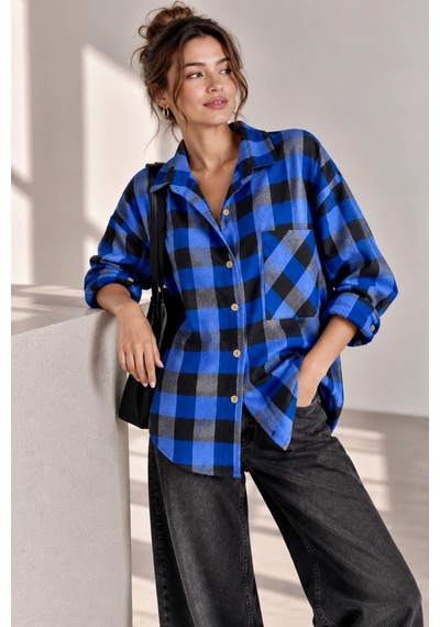 Bb Butik Basic Kadın Ekose Gömlek Oversize Oduncu Gömlek Uzun Kollu Cepli Günlük Tr0935 Mavi