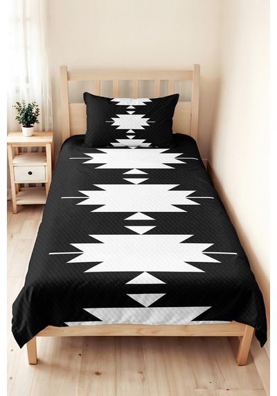 Siyah Geometrik Genç Odası Tek Kişilik Pike Takımı - Modern Etnik 160x220 Cm Kapitone Yatak Örtüsü Pembe