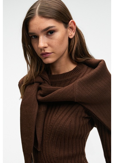 Grımelange ENCANTO Kadın Yuvarlak Yaka Çizgi Desenli Slim Fit Kahverengi Elbise