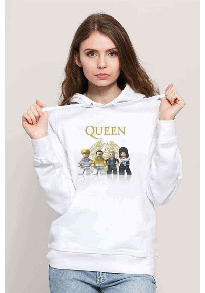 Queen Lego Baskılı Beyaz Kadın Kapşonlu Sweatshirt