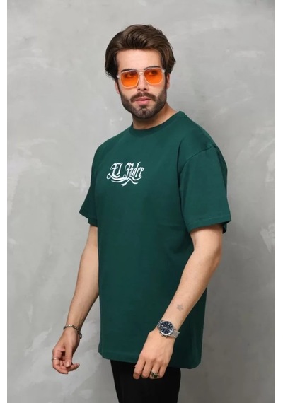Suma Yeşil Unisex Oversize Bisiklet Yaka Baskılı T-shirt