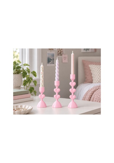 Lunera Kalpli Katmanlı Şamdan / Mumluk - Üçlü Set Açık Pembe