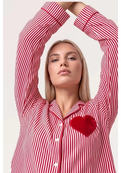 Angbutik Pjs 30144 Kadın Çizgili Uzun Kol Pijama Takımı Kırmızı