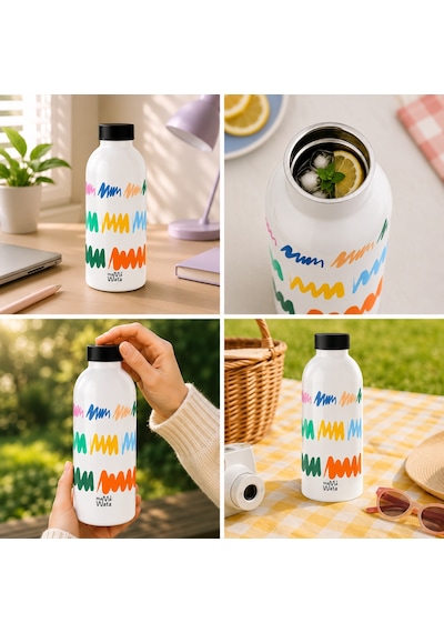 Mamawata Doodle Paslanmaz Çelik Termos Matara 470 Ml Sızdırmaz Yalıtımlı Suluk Beyaz
