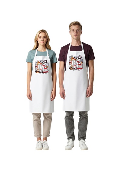 Unisex Mutfak Önlüğü Pizza Baskılı Itfaiye Temalı Grafik Desen Ra Beyaz