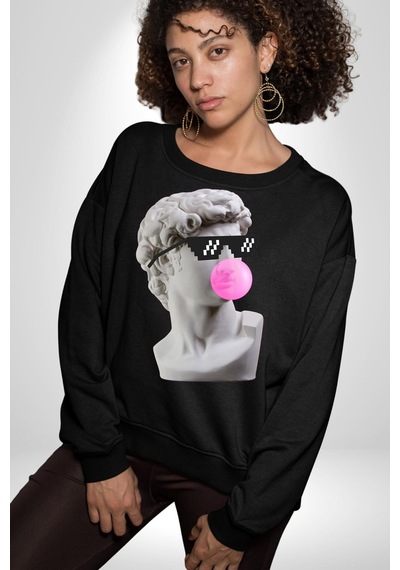 Gözlüklü David'in Kafasının Alçı Heykeli Unisex Siyah Sweatshirt Siyah