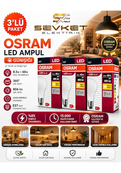 Osram Led Value 3'lü Paket 8.5w 60w Led Ampul Günışığı E27 Normal Duylu 3 Adet