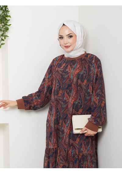 Hb Harma Time Butik Kadın Astarlı Kahverengi Şifon Şal Desen Elbise