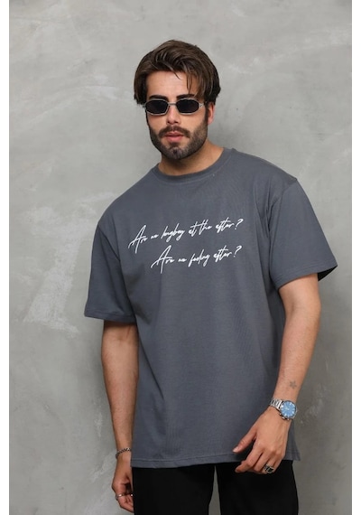 Erkek Bisiklet Yaka Baskılı Oversize T-shirt - Füme Füme