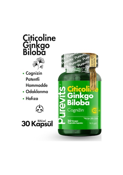 Purevits Ginkgo Biloba Citicoline + Focus 30 Vegan Kapsül