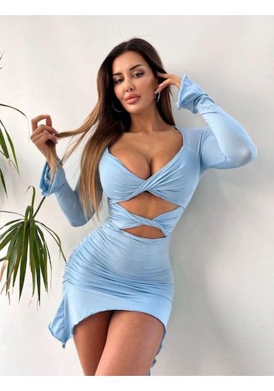 Pink Life Flare Kollu Seksi Bodycon Bebek Mavisi Mini Elbise Bebe Mavisi