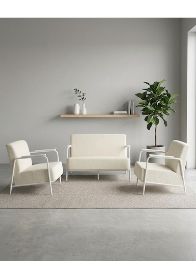 Atlas 2+1+1 Dokuma Kumaş Ofis Cafe Bekleme Koltuk Takımı Beyaz Metal Krem