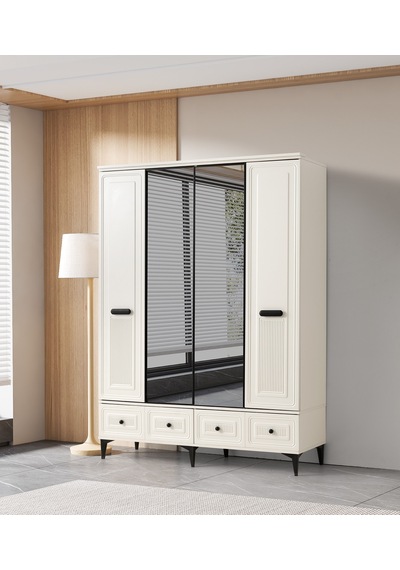 Alaska 4 Kapaklı %100 Mdf Elbise Dolabı Gardrop 154x54x212 Ekru