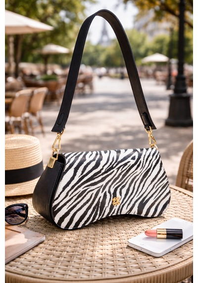 Dukidaso Beyaz Altın Tokalı Zebra Desenli Kadın Omuz Çantası Beyaz Mt1606