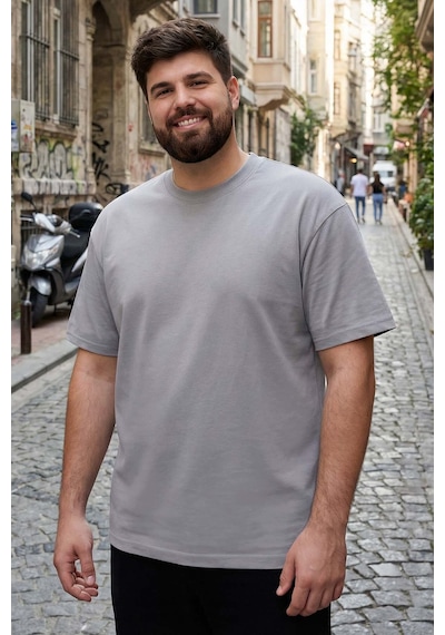 Tommylife Gri Basic Kısa Kol O Yaka Büyük Beden Erkek T-shirt - 88072 Gri