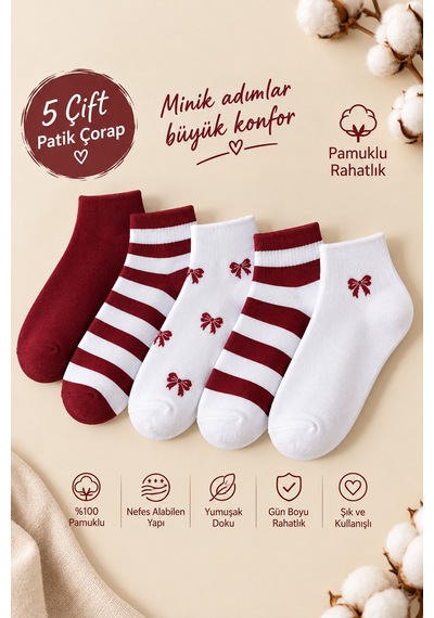Hitit Socks Kadın 5 Çift Çizgi Ve Fiyonk Desenli Pamuklu Patik Çorap Bordo Beyaz Asorti Hitit Socks Kadın 5 Çift Çizgi Ve Fiyonk Desenli Pamuklu Patik Çorap Bordo Beyaz Asorti