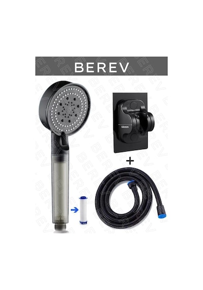 Berev  Filtreli 5 Fonksiyonlu Yüksek Basınçlı Ayarlanabilir Duş Başlığı 150 Cm Siyah Hortum Yapışkanlı Duş Başlığı Askısı Mafsal Siyah