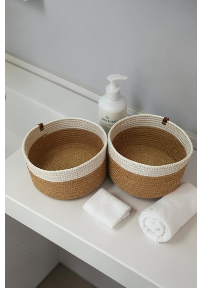 El Yapımı Dekoratif Örgülü Model Banyo Seti 2 Li Paspas 50x80 Ve 40x60 + 2 Organizer Sepet 18x18 Cm Hasır Jüt Renk
