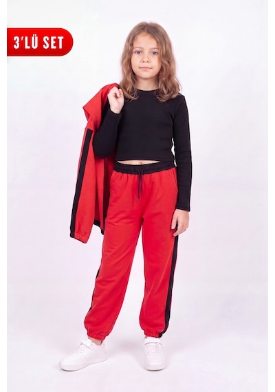 Fyk Kids Kız Çocuk Fitilli Crop Ve Şerit Detaylı Eşofman Takımı Seti Kırmızı