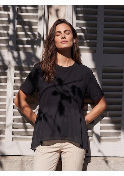 Onloox Kadın Siyah Siyah Viskon Karışımlı Bisiklet Yaka Kısa Kollu Oversize Asimetrik Kesim Garnili T-shirt Onloox Kadın Siyah Siyah Viskon Karışımlı Bisiklet Yaka Kısa Kollu Oversize Asimetrik Kesim Garnili T-shirt