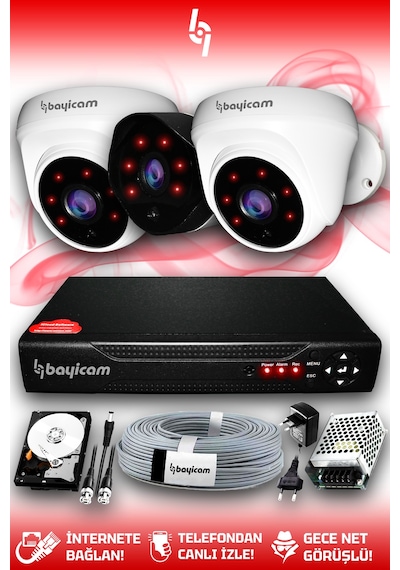 Bayicam 3 Kameralı Uzay 2 İç Kamera Set 320 GB HDD Full HD Gece Görüşlü Güvenlik Kamerası Sistemi