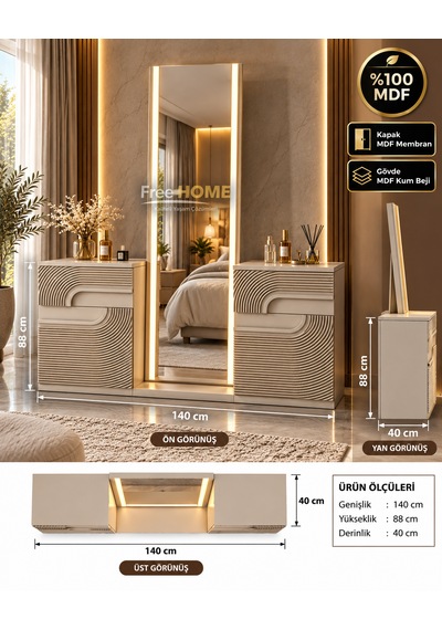 Freehome Alaçatı Kum Beji Mdf Membran Kapaklı Şifonyer 140x88x40 Kumbeji
