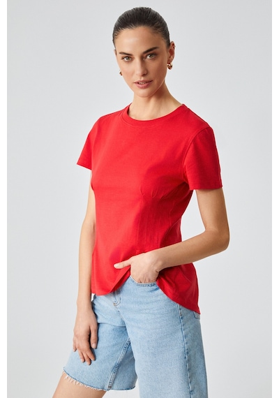 Grimelange JESSIA  Kadın Korse Detaylı %100 Organik Pamuk Bisiklet Yaka Kırmızı T-Shirt