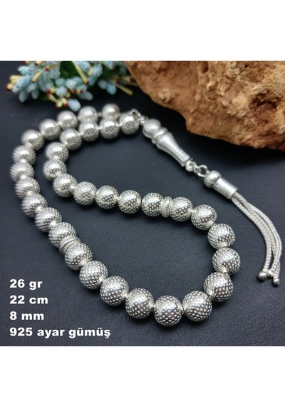 925 Ayar Gümüş Tesbih Yuvarlak Kesim Nokta Desen Büyük Boy