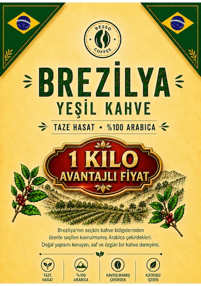 Resso Coffee Avantaj Brezilya %100 Arabica Yeşil & Çiğ Kahve Çekirdeği 1 KG
