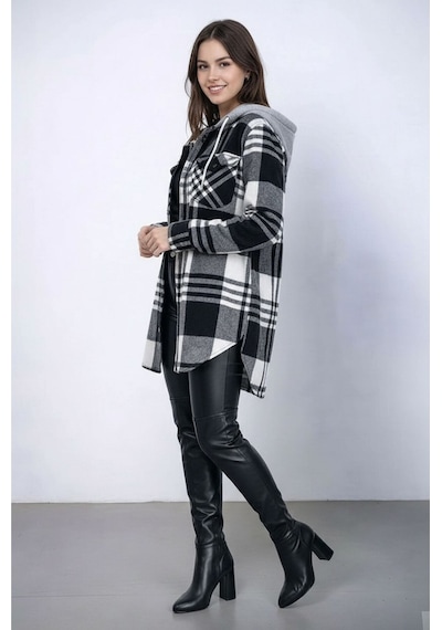 Mamayaga Kadın Desen Bloklu Oduncu Oversize Geniş Kalıp Casual Cepli Kapüşonlu Uzun Boy Ceket Gömlek Siyah Beyaz