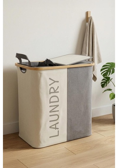 Digithome Bambu 2 Bölmeli Kirli Çamaşır Sepeti Banyo Düzenleyici Sepet 53,5x28 Cm Kahverengi
