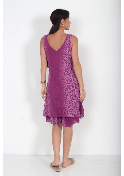 By Saygı Kadın İtalyan Cotton Leopar Desenli Astarlı Sıfır Kol Midi Elbise Mürdüm