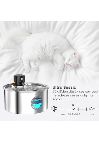 Haustier W2 Otomatik Kablosuz Kedi Su Pınarı, Sensörlü , Bataryalı , Ultra Sessiz, Çelik , 3.2lt Hazne