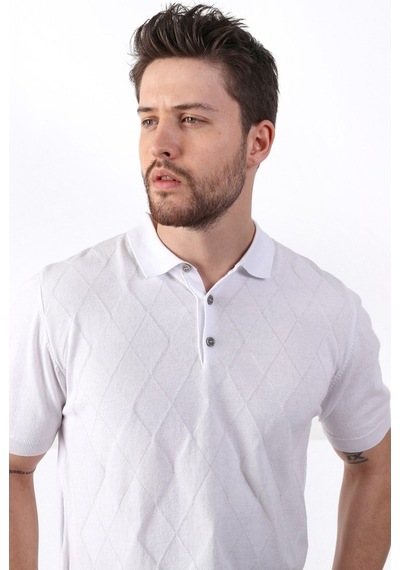 Ferraro Beyaz Polo Yaka Baklava Desen Erkek Pamuk Triko T-Shirt-Beyaz