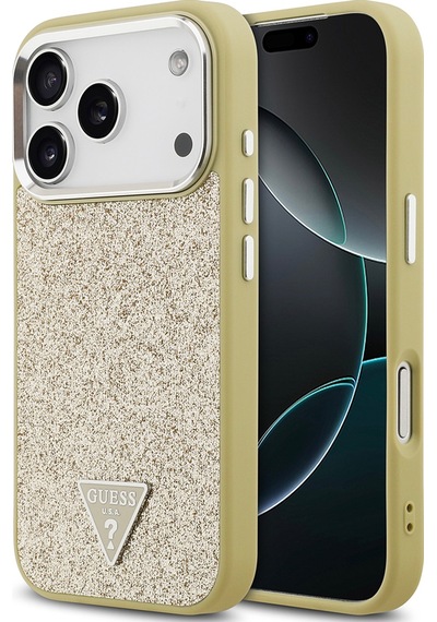 Apple Uyumlu iPhone 17 Pro Kılıf Guess Lisanslı M-safeli Metal Kamera Çerçeveli Üçgen Logolu Glitter Gold Gold