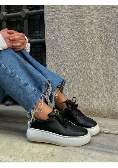 Erva'nın Butiği Siyah Cilt Leoy Leopar Bağcıklı Kadın Sneakers-5725