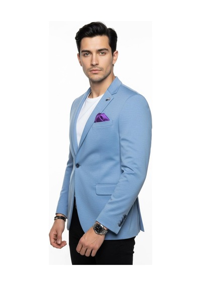 Plus Scorpion Erkek Pamuklu Penye Likralı Tek Düğmeli Çift Yırtmaçlı Blazer Ceket Mavi
