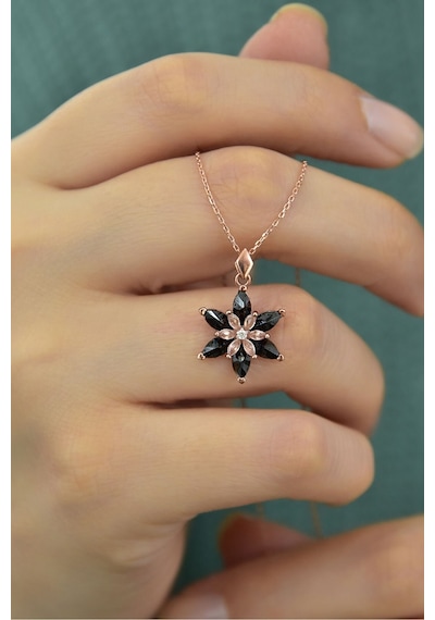 925 Ayar Gümüş Rose Kaplma Tepelikli Siyah Lotus Kolye