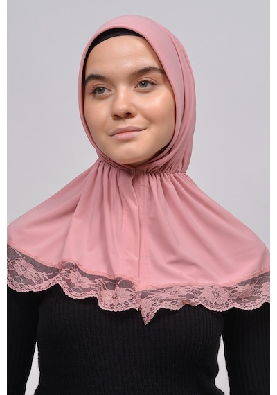 Altobeh Dantelli Lastik Büzgülü Tela Bantlı Çıtçıtlı Hazır Türban Kadın Pratik Eşarp - Pembe
