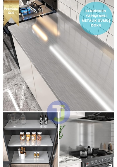 Technojet Kendinden Yapışkanlı Metalik Folyo Mutfak Banyo Tezgah Duvar Dolap Masa Kaplama 60cmx100cm Silver