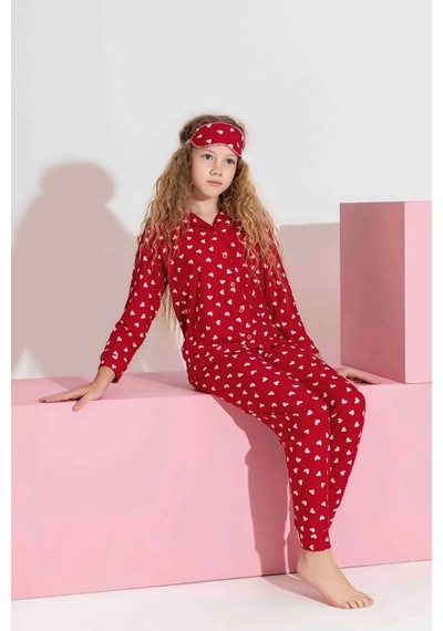 Miniğimin Cicileri Termal Kumaş Kalp Desenli Kız Çocuk Pijama... Kırmızı