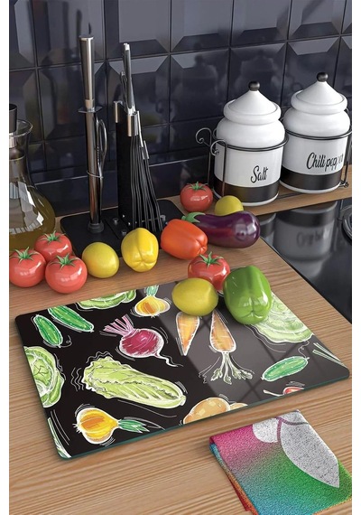 Tr Cam Kesme Tahtası Ve Sunum Tablası Sebze Desenli 20 X 30 Cm Diğer