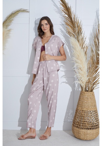 Sevim Kadın Kısa Kol Önden Düğmeli Pudra Pijama Takım C1t2n951 001