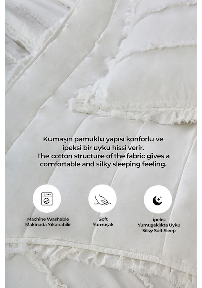 Evlen Home Pamuklu Echos Yatak Örtüsü Takımı Günlük Çift Taraflı Kişilik 3 Parça Dolgulu El İşi Beyaz