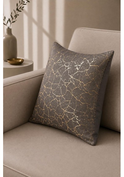 Soho Kumaş Altın Varak Desenli Dekoratif 4'lü Kırlent Yastık Kılıfı Seti - 42 X 42 Cm 2, Füme 2'li Diğer