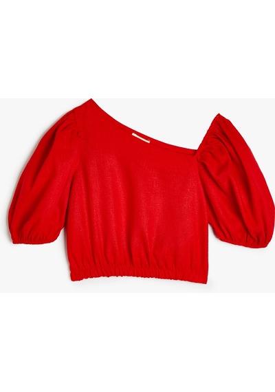 Koton Crop Keten Bluz Balon Kollu Asimetrik Yaka Kırmızı 4skg60035aw Kırmızı