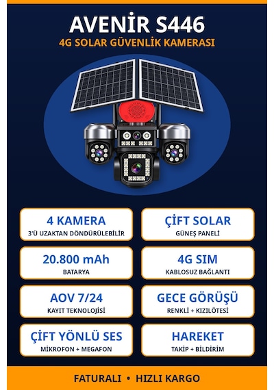 Avenir S446 4 Kameralı 3 Motorlu 4G Çift Güneş Panelli Solar Kamera Full Set + 128 GB Hafıza Kartı