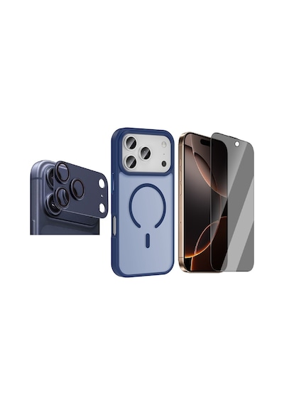 Vendas Apple iPhone Uyumlu  17 Pro Kılıf M-safe Şarj Özellikli Mat Arka Yüzey Zore Sio Kapak +lens +ekran Koruyucu Lacivert