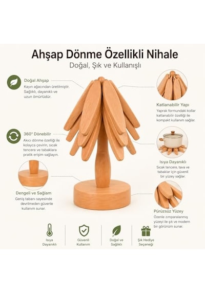 Standlı 3'lü Bambu Nihale Seti Açılıp Kapanabilir Çaydanlık Ve Tencere Altlığı, Isı Yalıtımlı Doğal B Diğer